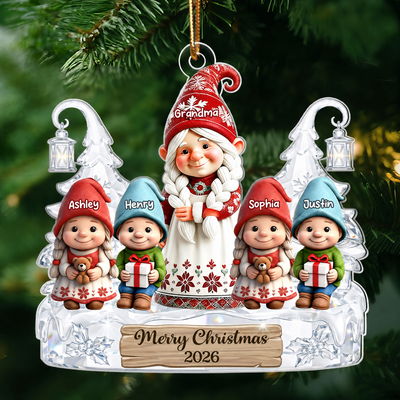 Gnome Grandma And Grandkids Pattern Crystal - Personalized Acrylic Ornament - Heartwarming Christmas Gift For Grandma, Family