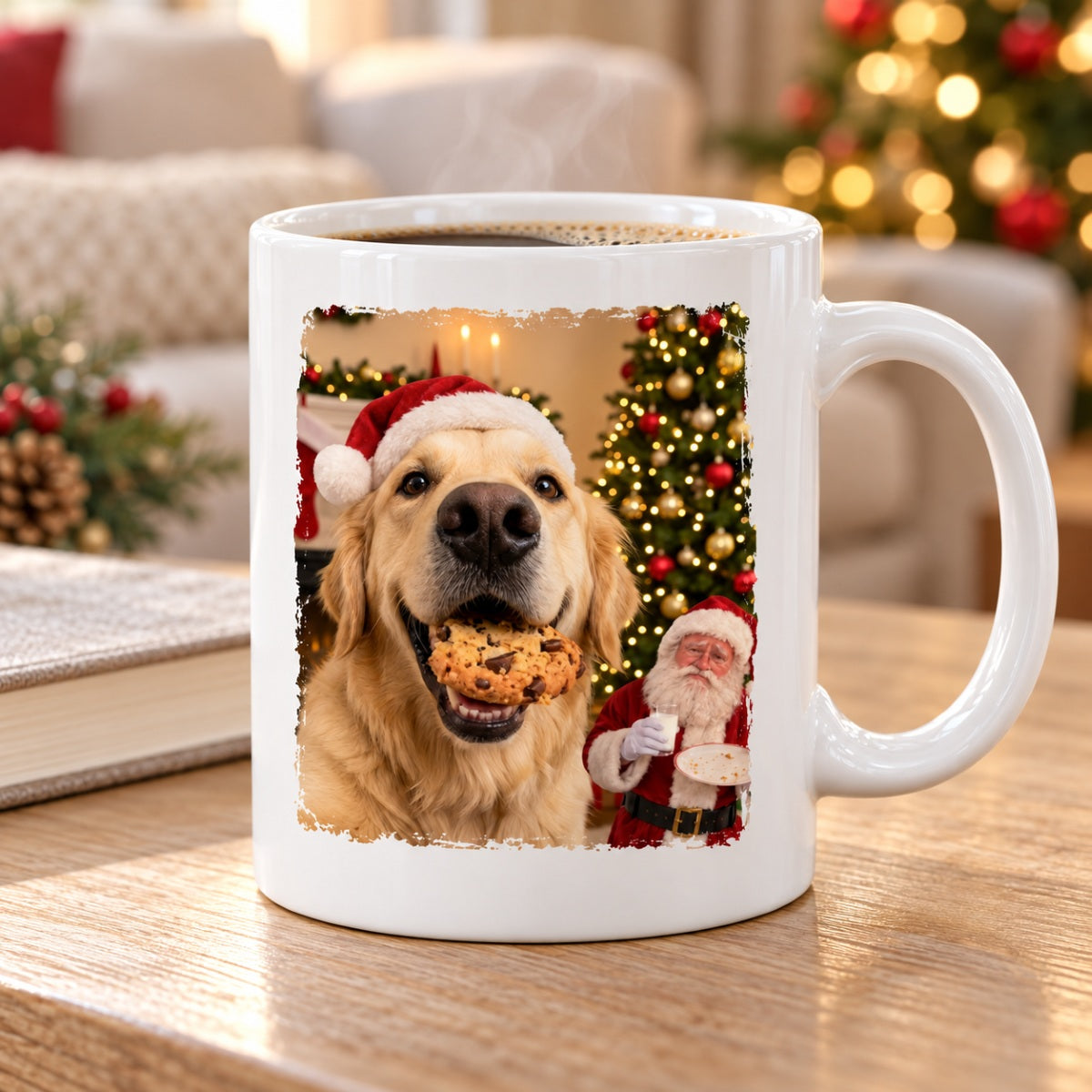 Dog Cat Steal Cookie From Santa Upload Pet Photo - Personalized Mug- Funny Christmas Gift For Dog Lovers, Cat Lovers, Pet Lovers