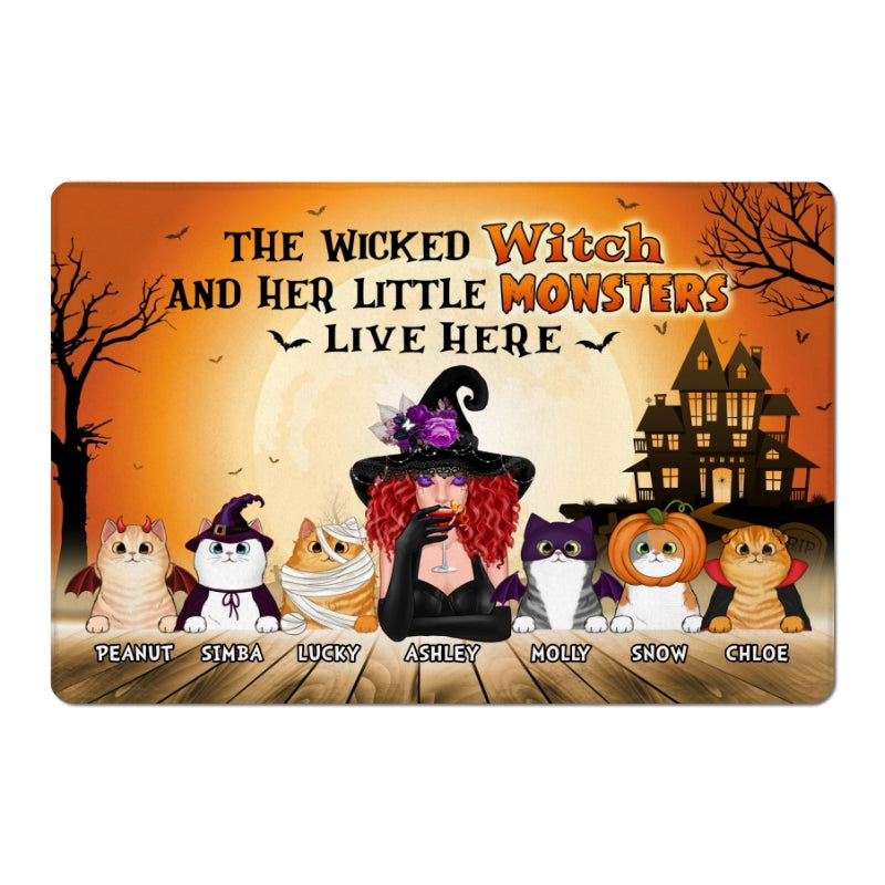 Halloween Wicked Witch And Fluffy Cats Live Here Personalized Doormat
