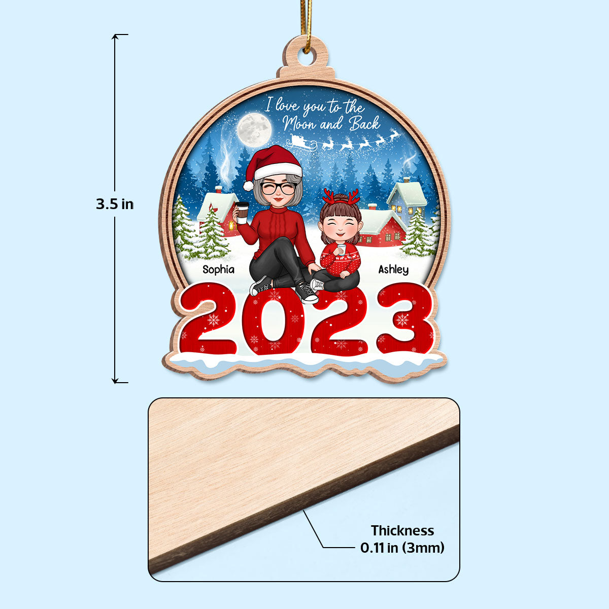 Cute Grandma Grandkids Sitting On Snow 2023 Christmas Sleigh Personalized Wooden Ornament