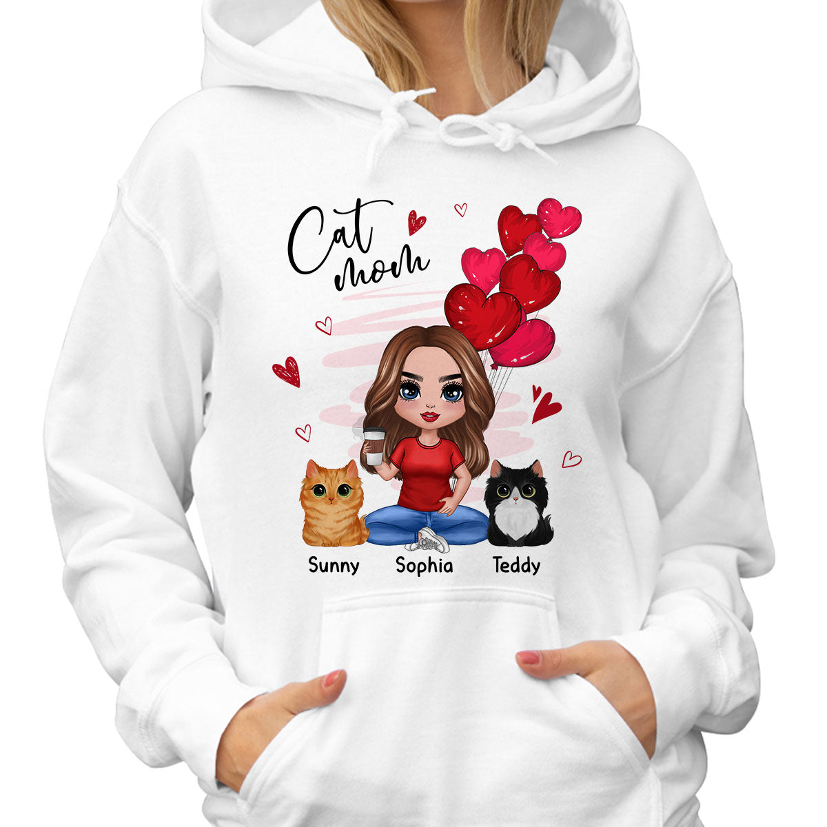 Red Hearts Cat Mom Watercolor Cute Cats Personalized Shirt