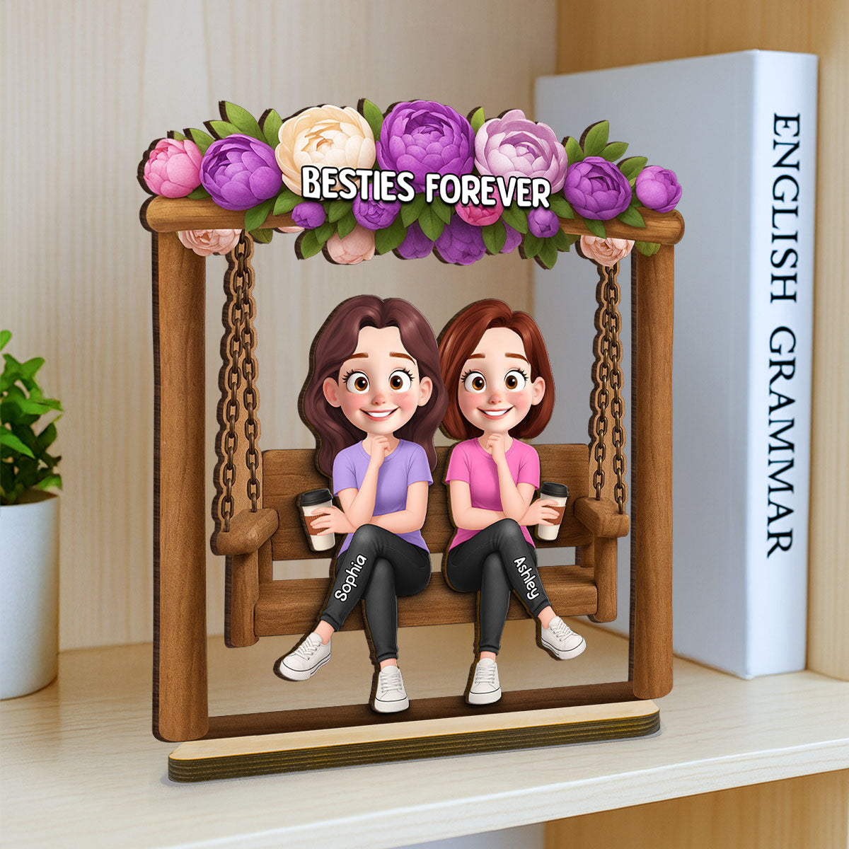 Pretty Besties Sisters On Swing Flowers 3D Effect Personalized Standing Wooden Plaque
