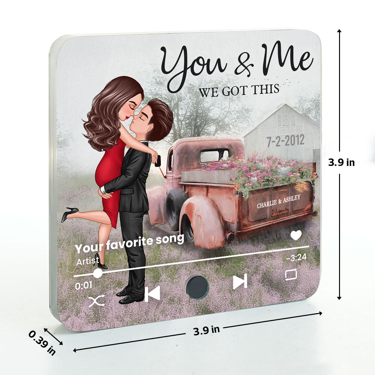 Red Vintage Truck Farmhouse Couple Hugging Kissing Personalized Music Fridge Magnet, Anniversary  Gift For Him, For Her