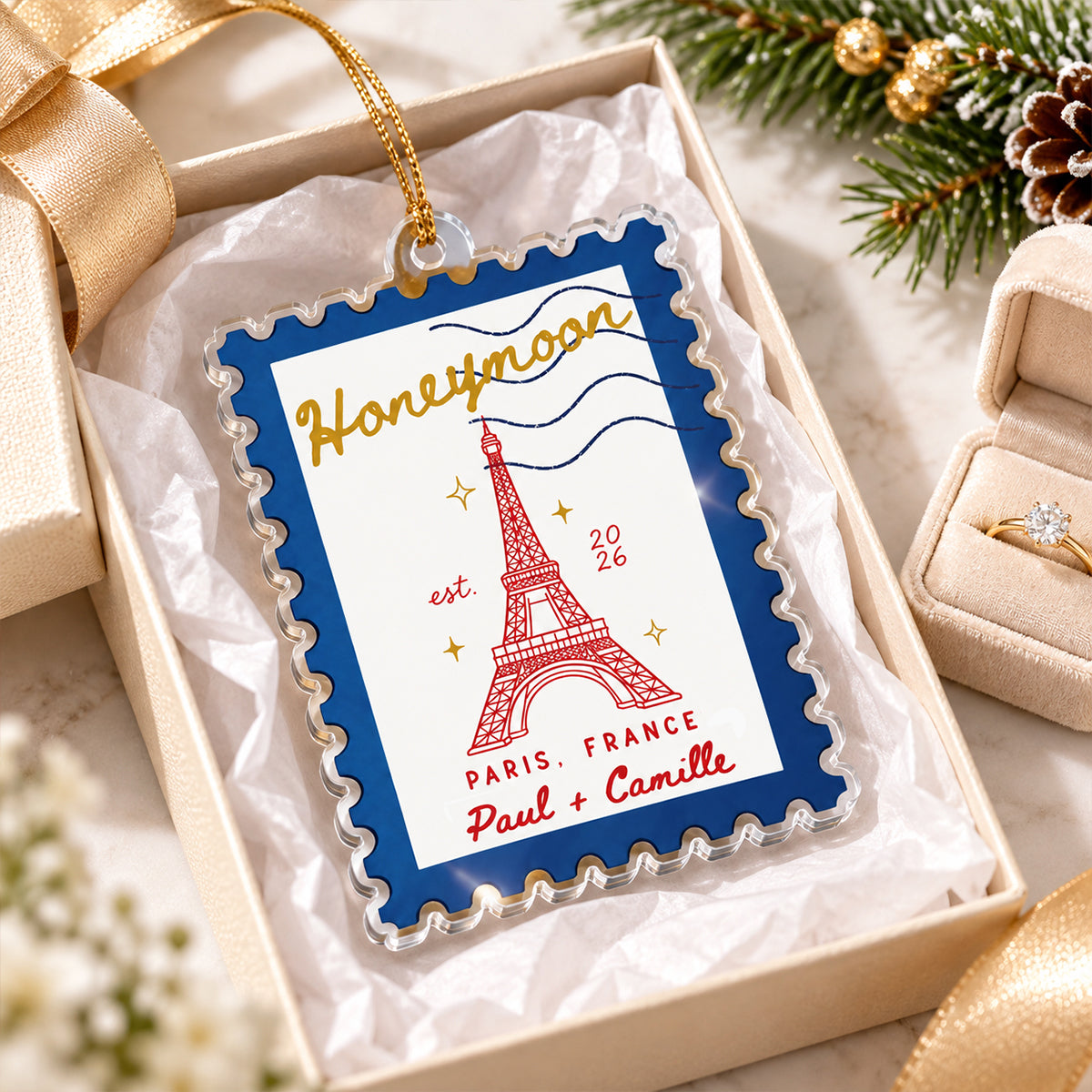 Couple Milestone Postage Stamp - Personalized Acrylic Ornament – Custom City Landmark Keepsake Gift