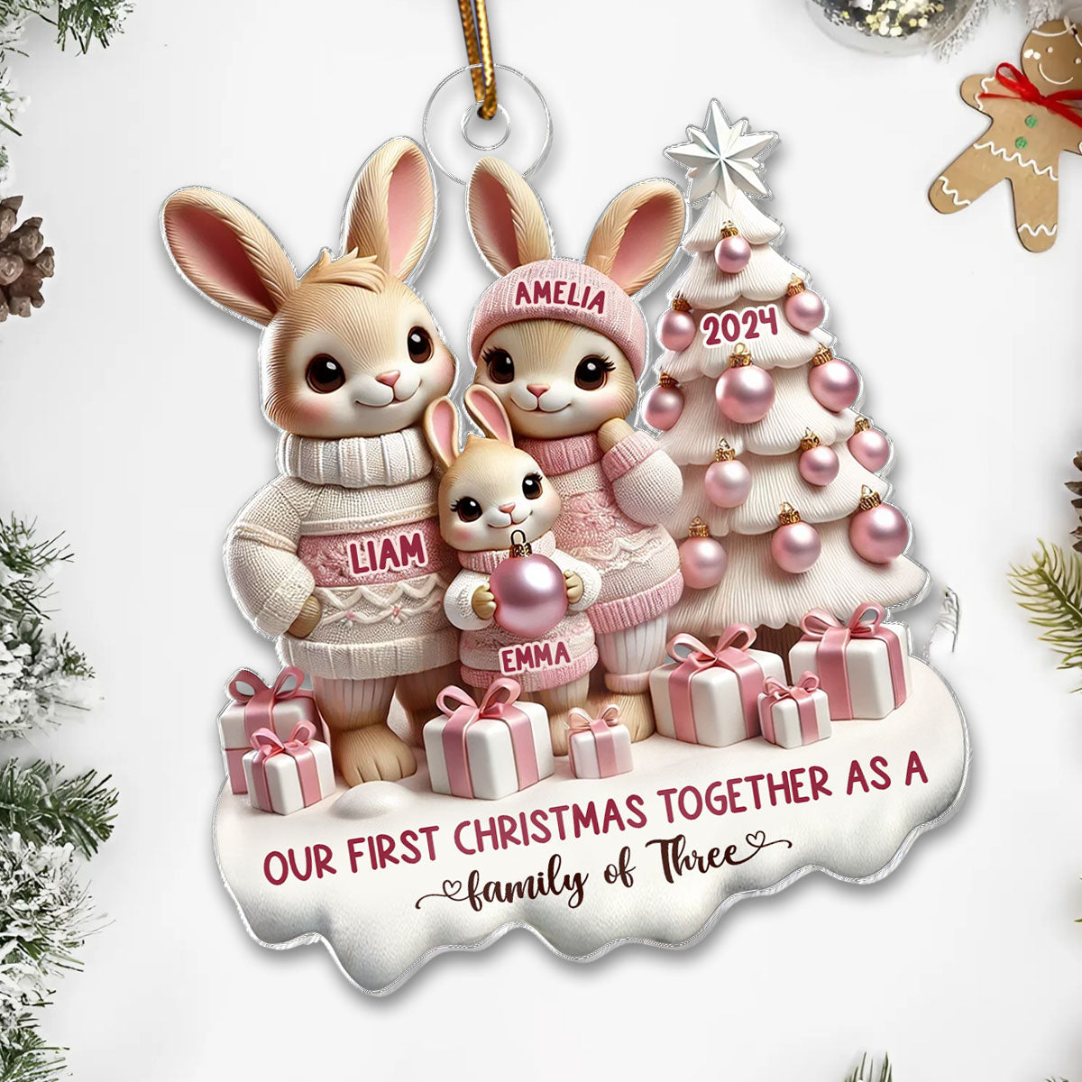 3D Effect Bunny Family Our First Christmas As A Family Of Three Christmas Personalized Acrylic Ornament, Newborns Gift, New Parents Gift