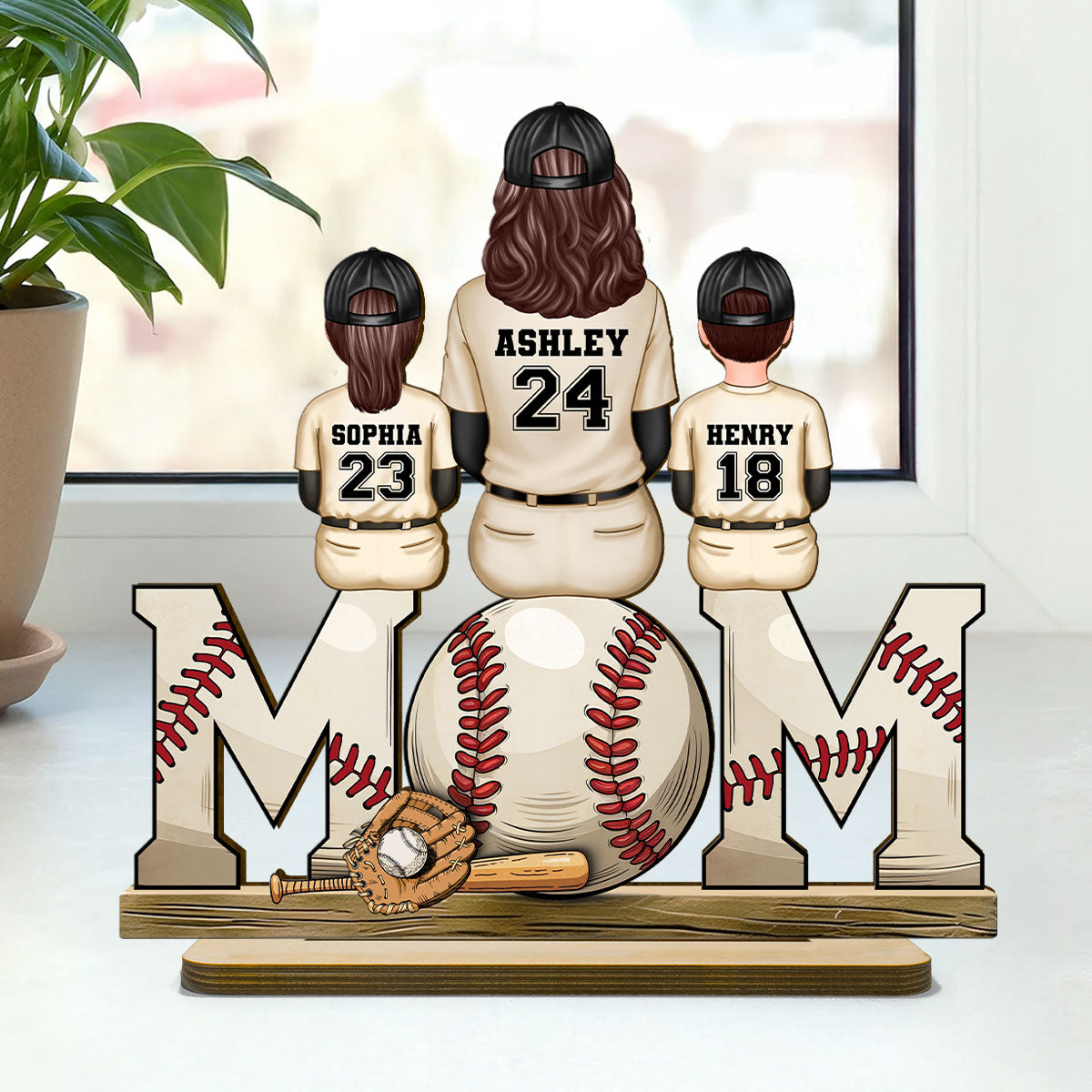 Baseball Mom Family Sitting Back View Personalized Standing Wooden Plaque, Gift for Wife, Gift for Mom