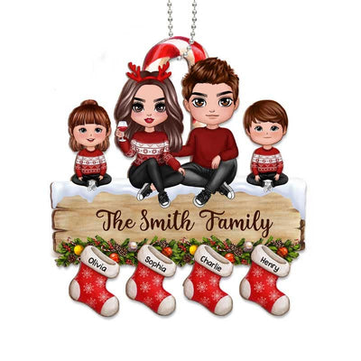 Doll Family Sitting On Palette Stocking Personalized Wooden Ornament