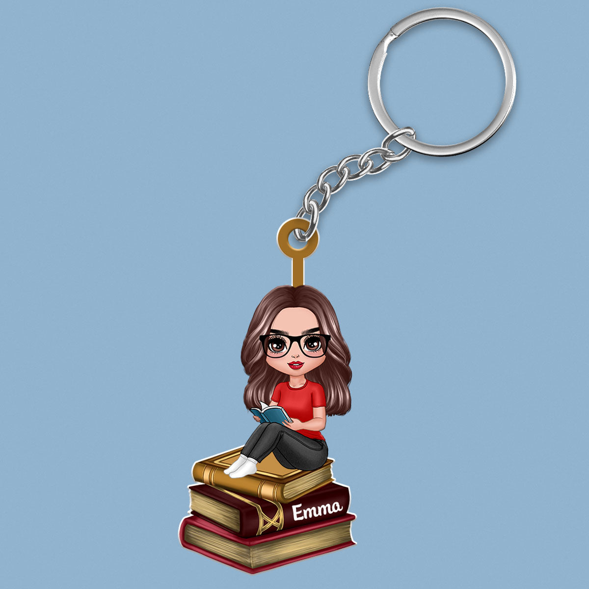 Reading Girls Sitting On Books Personalized Acrylic Keychain - Gift For Book Lover