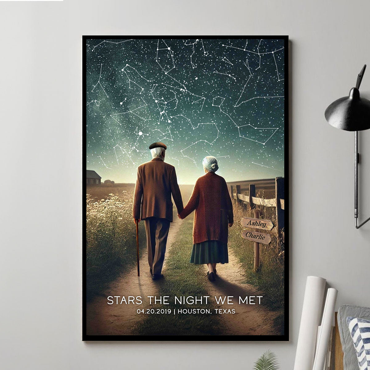 Old Couple Walking Under the Starry Night Poster, Custom Star Map by Date, Personalized Couple Constellation Map, Gift for him and her