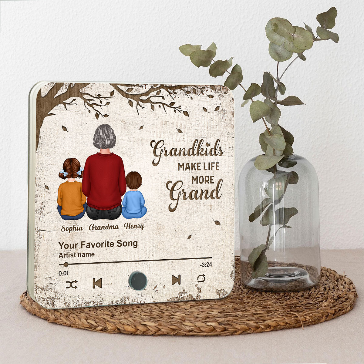 Grandkids Make Life More Grand, Grandma Grandkids Sitting Back View Personalized Music Fridge Magnet, Gift for Grandma