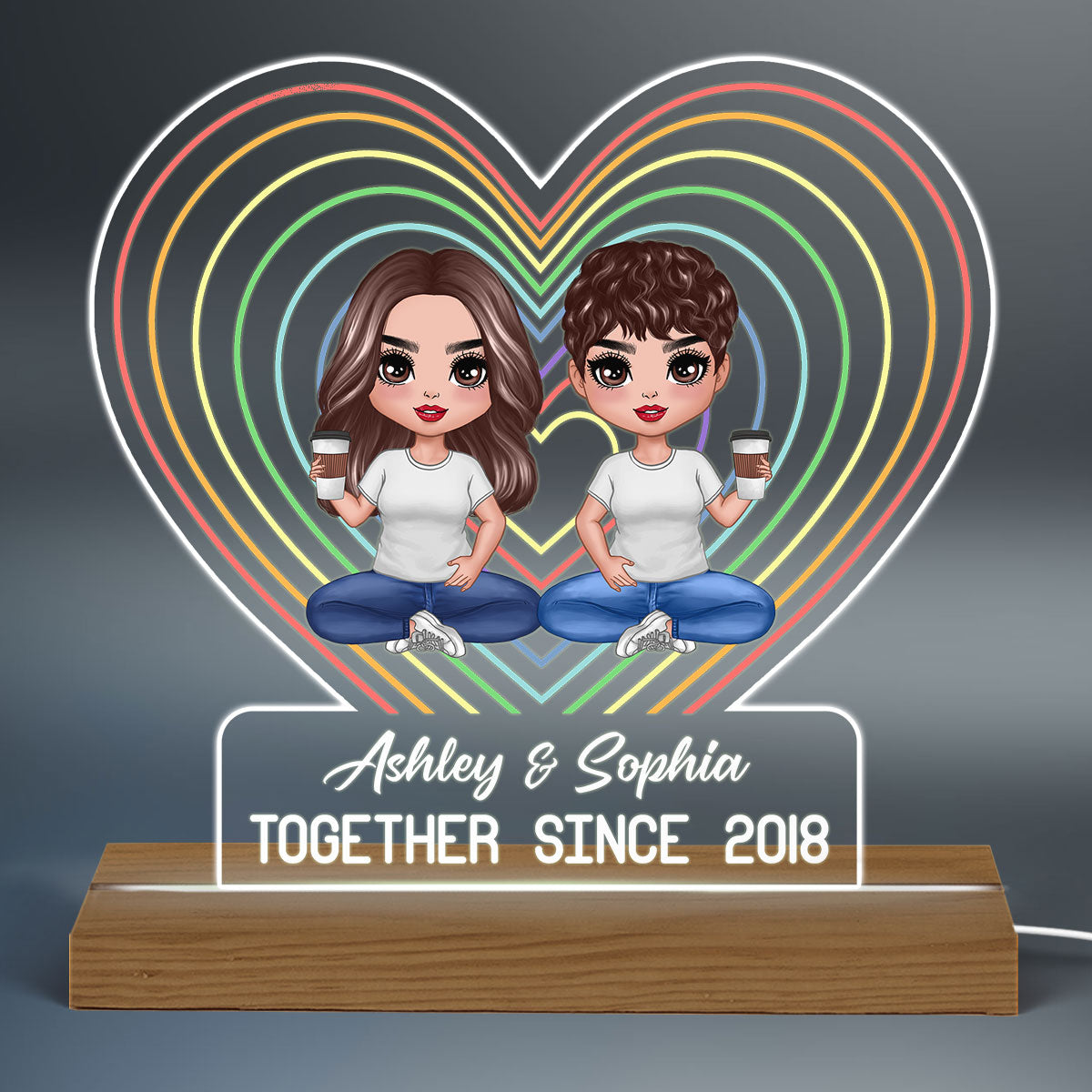 Doll Couple LGBT Rainbow Heart Lights Personalized Custom Shaped Acrylic Plaque With Warm LED Night Light