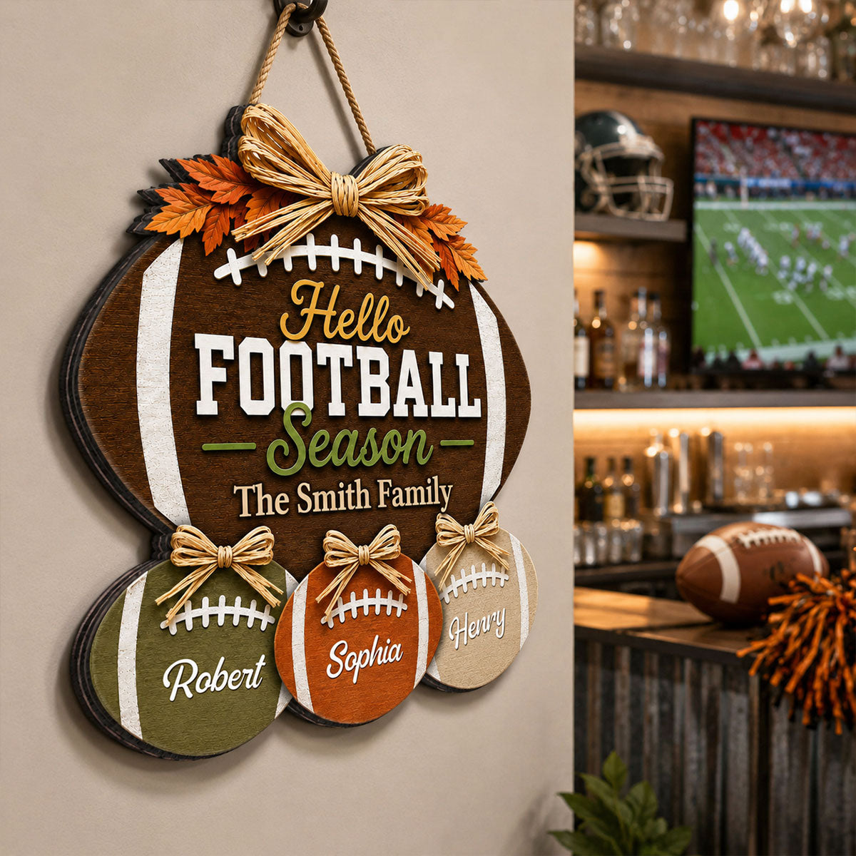 Family Hello Football Season - Personalized Wood Sign - Football Season Decor For Family