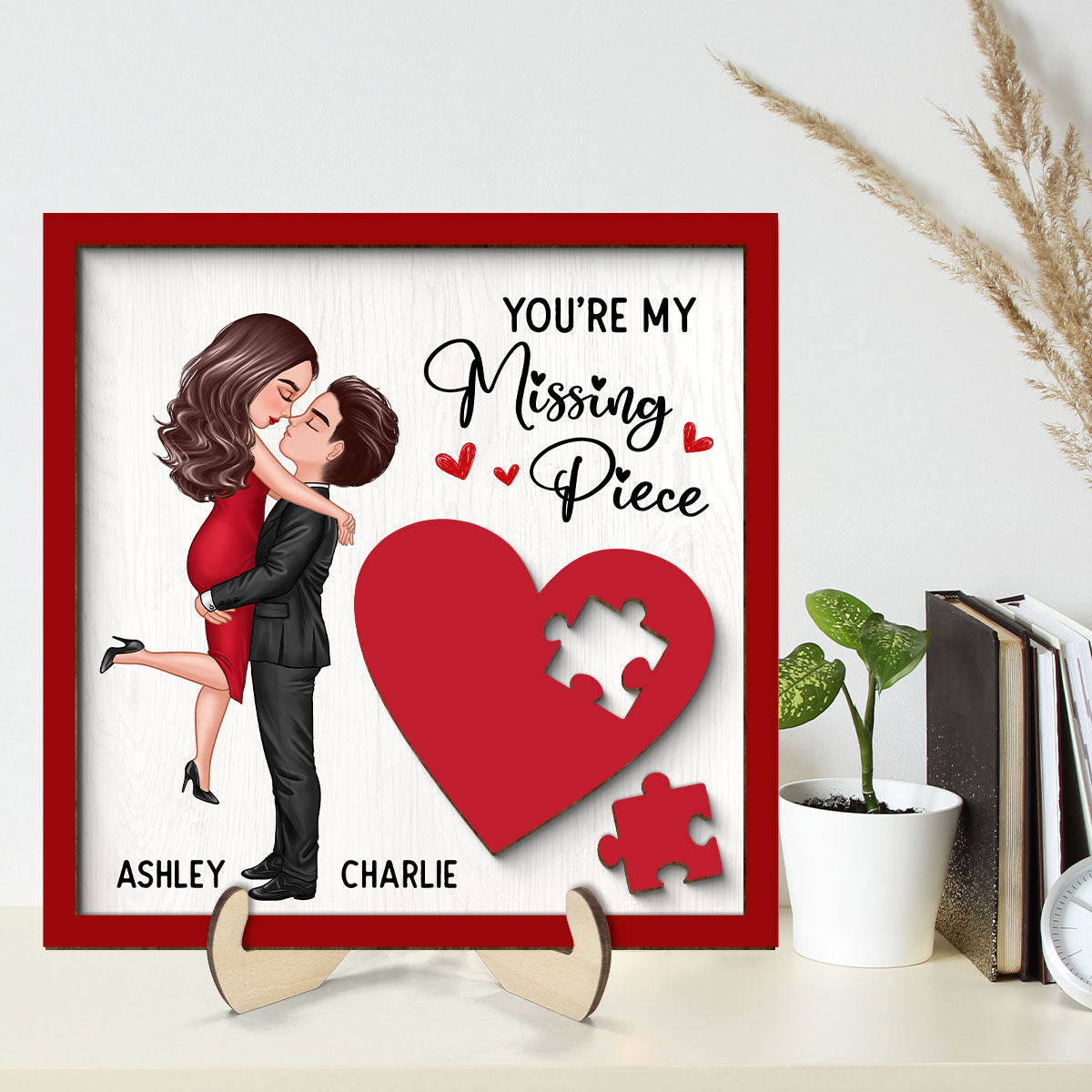 Couple Missing Piece Red Heart Theme Valentine‘s Day Gift Personalized 2-layer Wooden Plaque