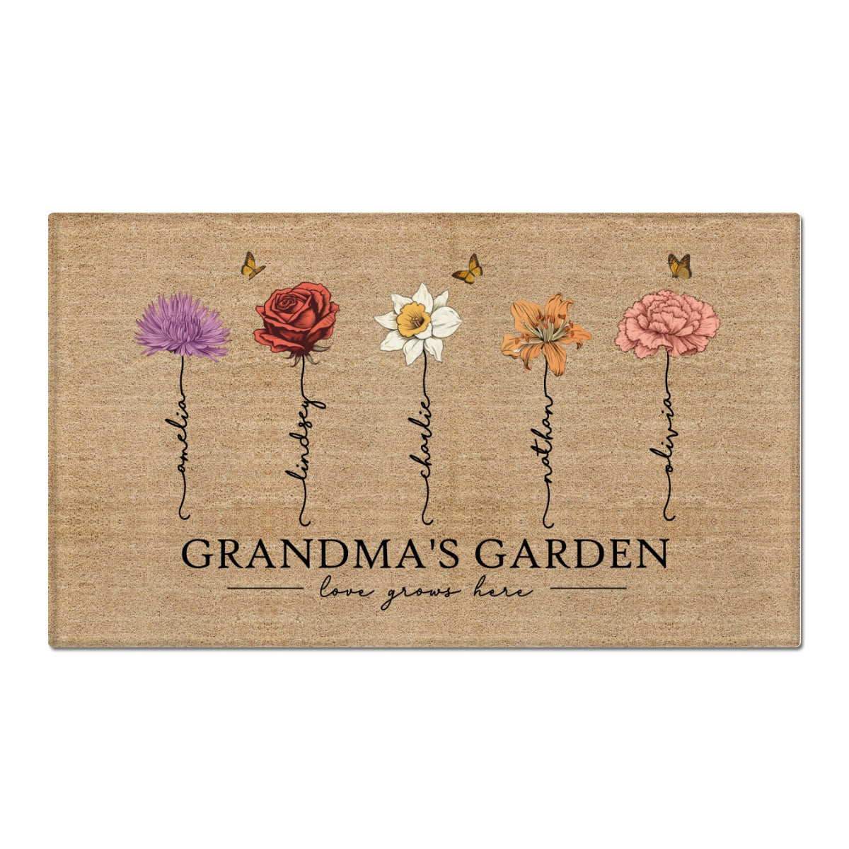 [FREE DELIVERY - Limited time offer] Grandma‘s Garden Love Grows Here Vintage Birth Flowers Swirl Name Personalized Doormat, Gift For Her, Mom, Grandma