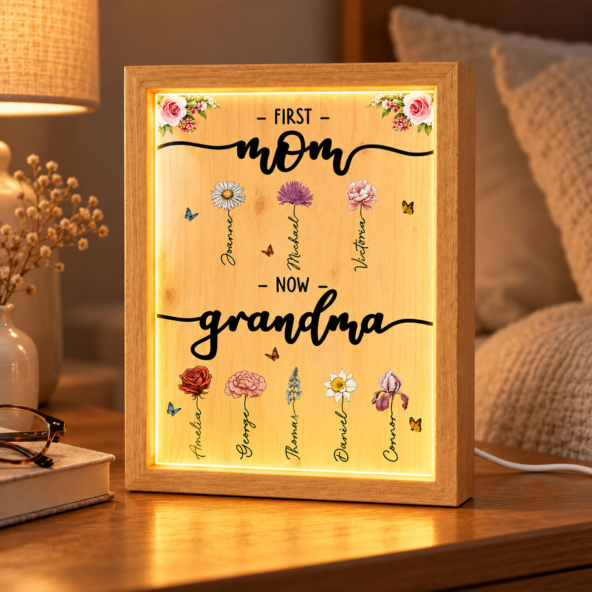 First Mom Now Grandma Custom Birth Month Flower - Personalized Mirror Light Box - Heartfelt Christmas Gift for Mom, Wife, Grandma