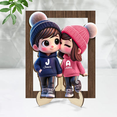 3D Effect Cute Cartoon Couple Walking Personalized 2-Layered Wooden Plaque,  Gift for Him, Gift for Her