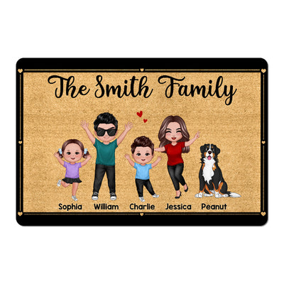Happy Whole Family Doll Couple Dad Mom Kids Dogs Cats Personalized Doormat