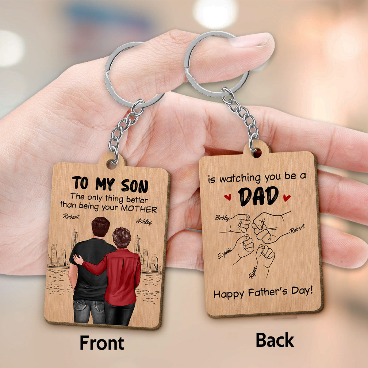 From Mom To Son Watching You Be A Dad Personalized Wooden Keychain, Gift For Son