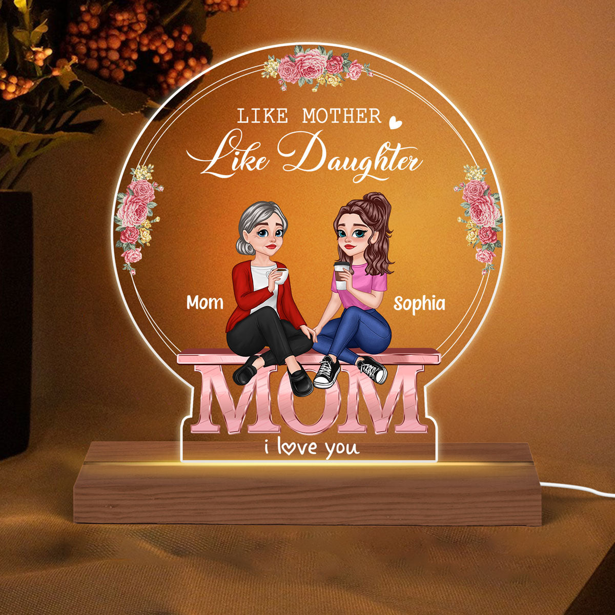 MOM We Love You Pretty Cartoon Mother Daughters Floral Personalized Custom Shape Acrylic Plaque With LED Night Light