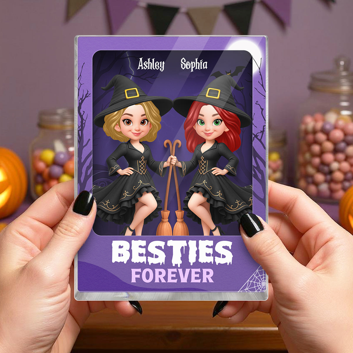 Halloween Witch Besties Sisters In Toy Box 3D Effect Action Figure Personalized Acrylic Block