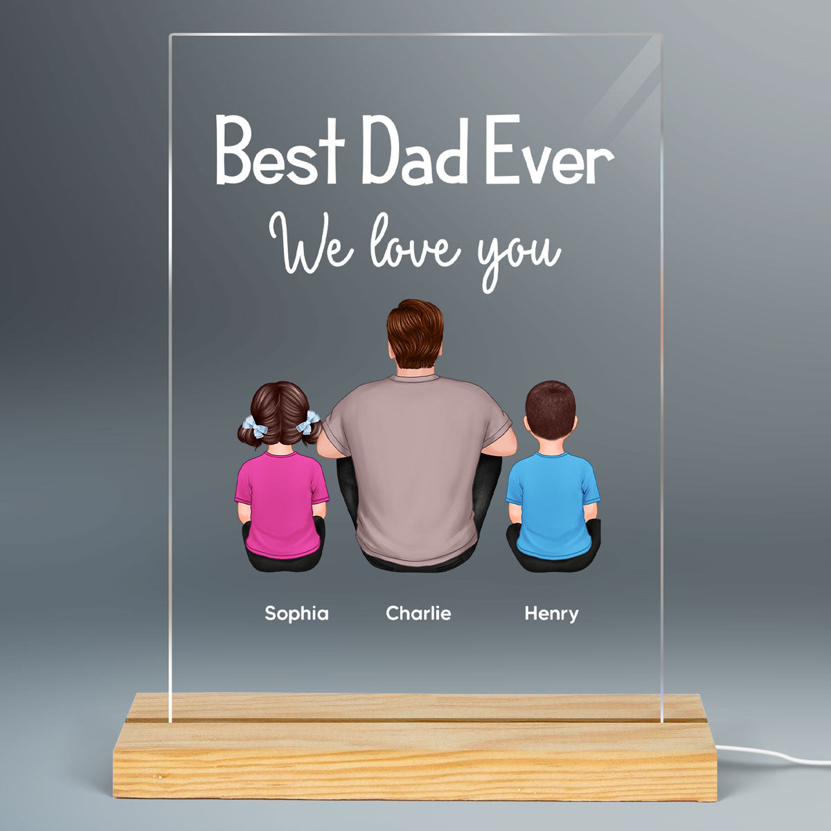Simple Best Dad Grandpa Ever Back View Man And Kids Dogs Cats Sitting Personalized Personalized Rectangle Acrylic Plaque LED Night Light