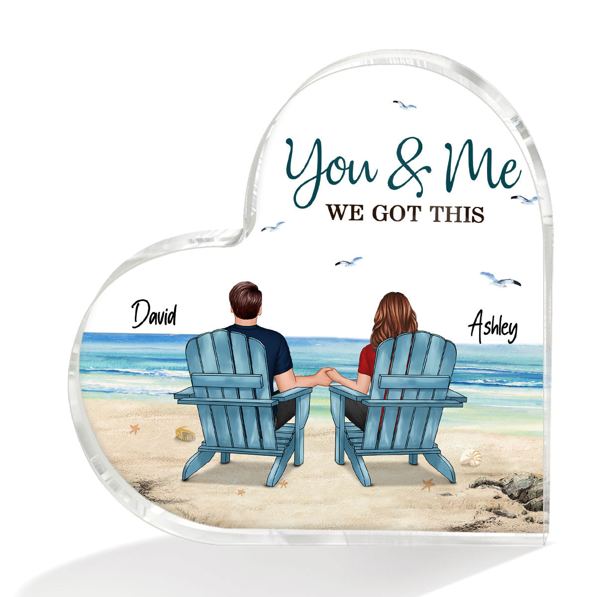 Back View Couple Sitting Beach Landscape Personalized Heart Acrylic Plaque