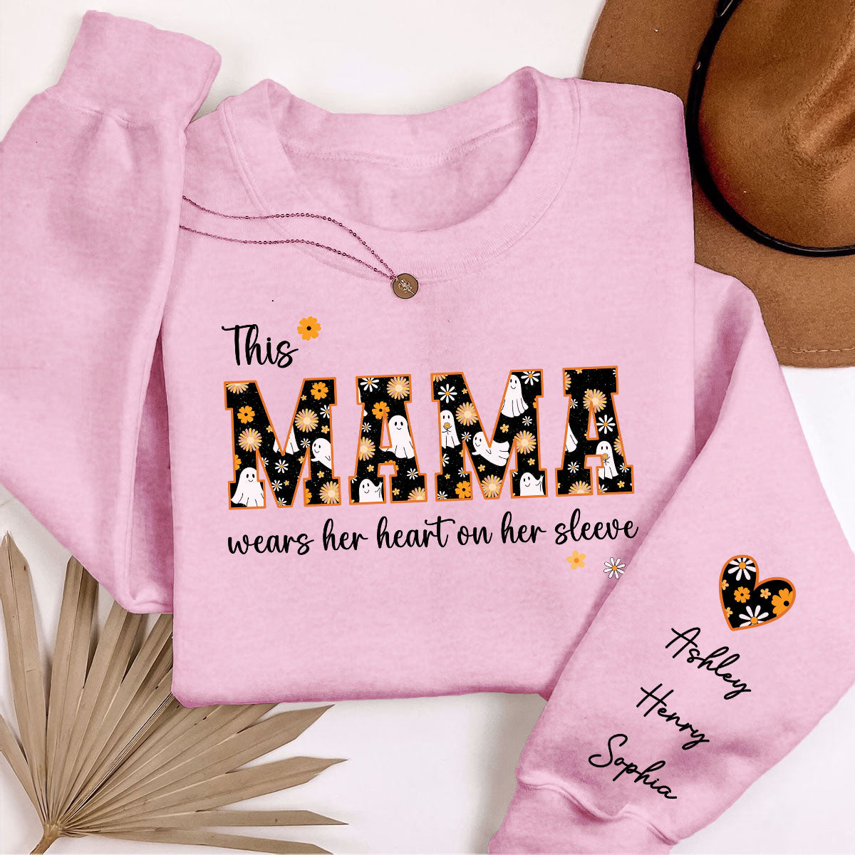 Halloween This Mama Wears Her Heart on Her Sleeve Personalized Sleeve Printed Sweatshirt