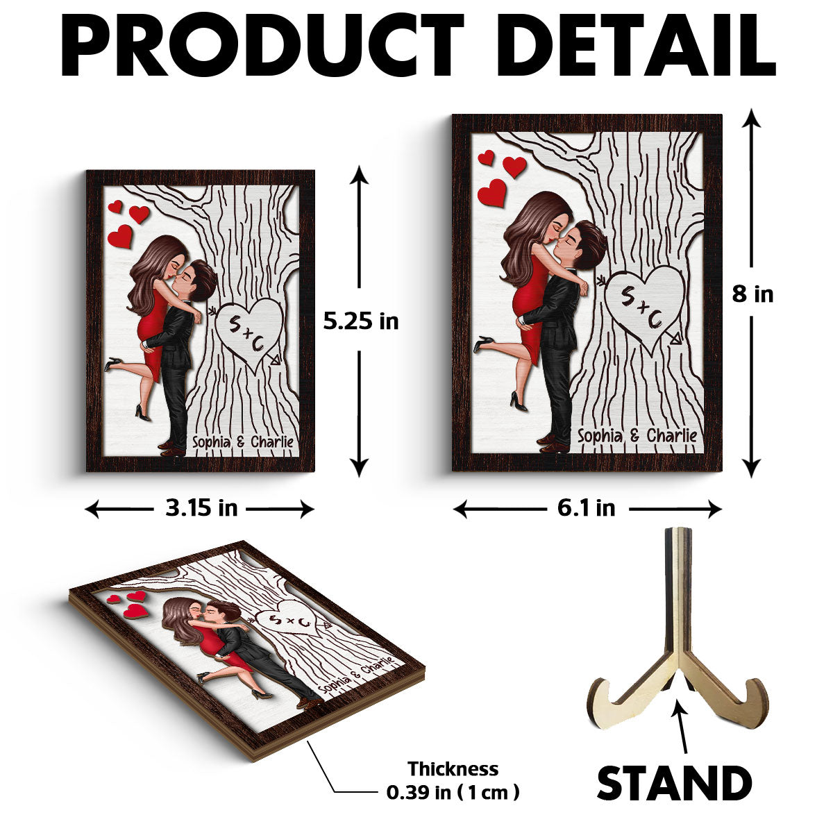 Heart Carved Tree Couple Initials Valentine‘s Day Gift For Her Gift For Him Personalized 2-Layer Wooden Plaque