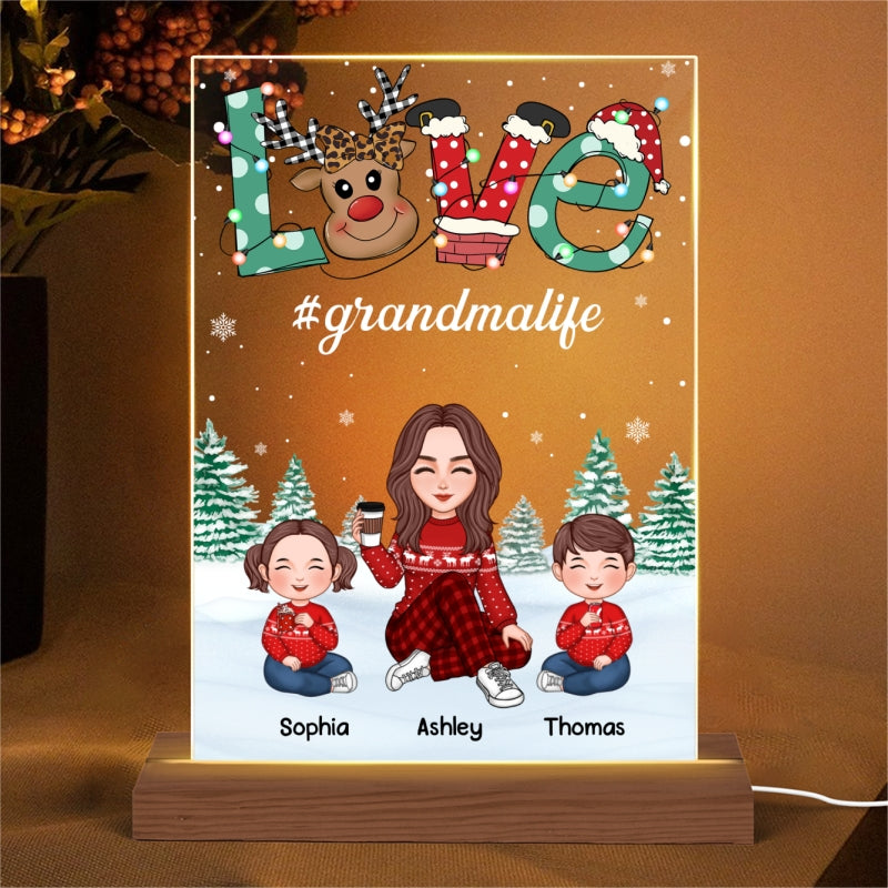 Grandma And Kids Christmas Reindeer LOVE Personalized Acrylic Rectangle LED Night Light
