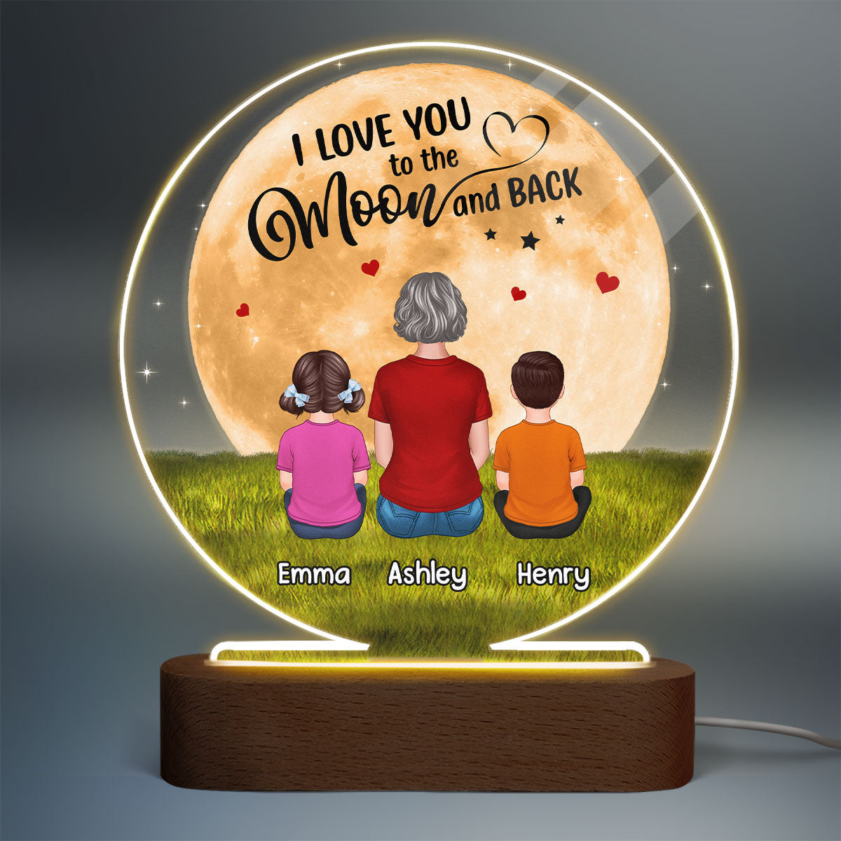 Grandma Mom I Love You To The Moon And Back Back View Woman Sitting With Kids Dogs Cats Personalized Circle Acrylic Plaque LED Night Light