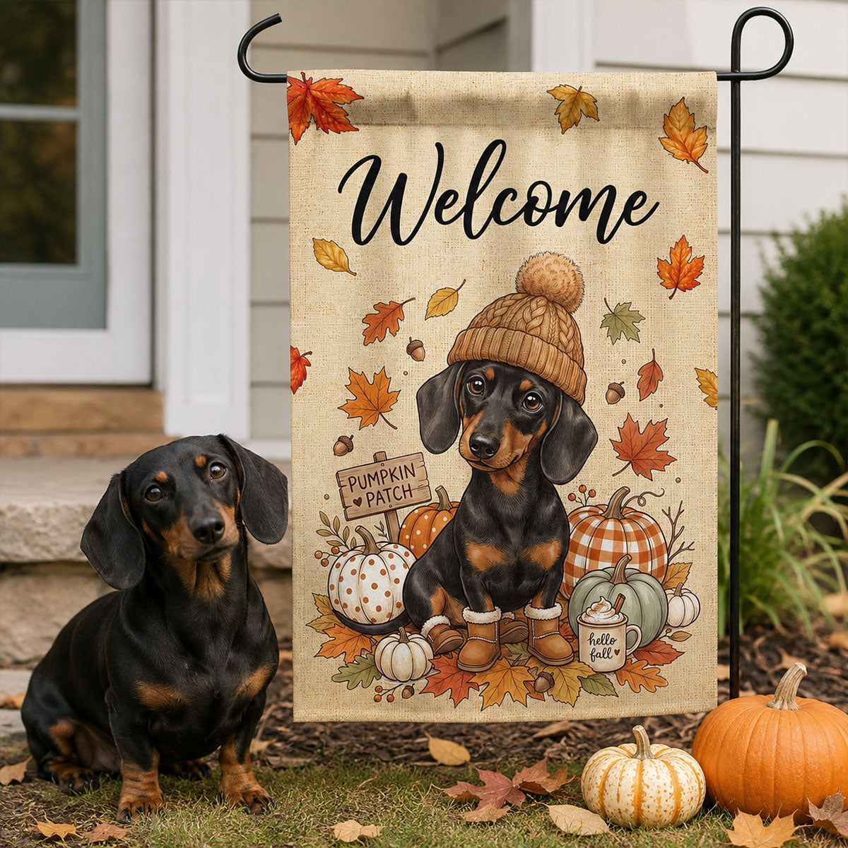 Hello Fall Custom Dog Cat Pet Portrait from Photo - Personalized Garden Flag - Cozy Fall Decor for Pet Lovers