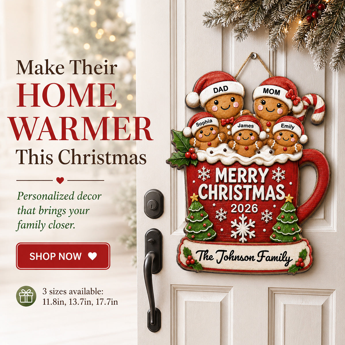 Gingerbread Family In Hot Cocoa 2D Flat - Personalized Wood Sign - Christmas Decor For Family
