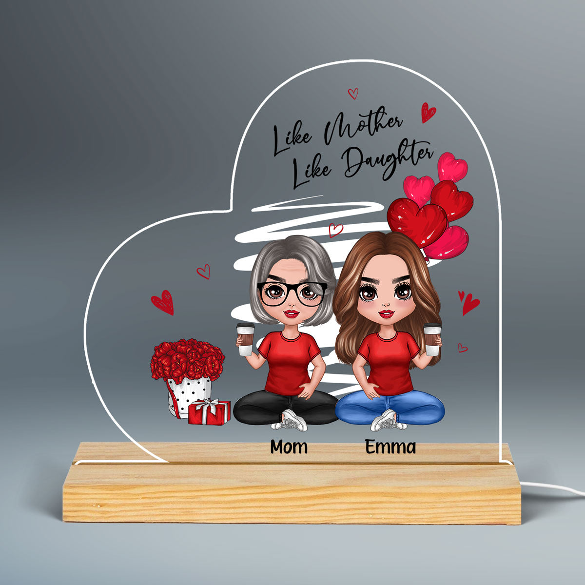 Red Hearts Like Mother Like Daughters Doll Mom And Daughters Sitting Gift For Mom Daughters Personalized Custom Shape Acrylic Plaque LED Night Light