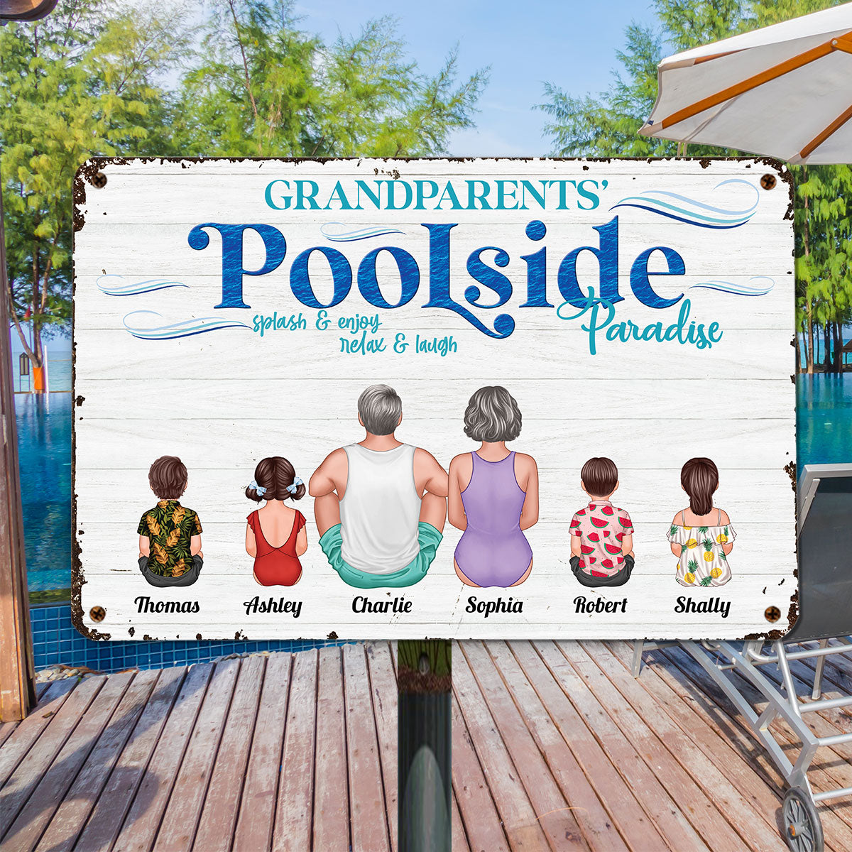 Family Poolside Summer Back View Couple Kids Pool Personalized Metal Sign