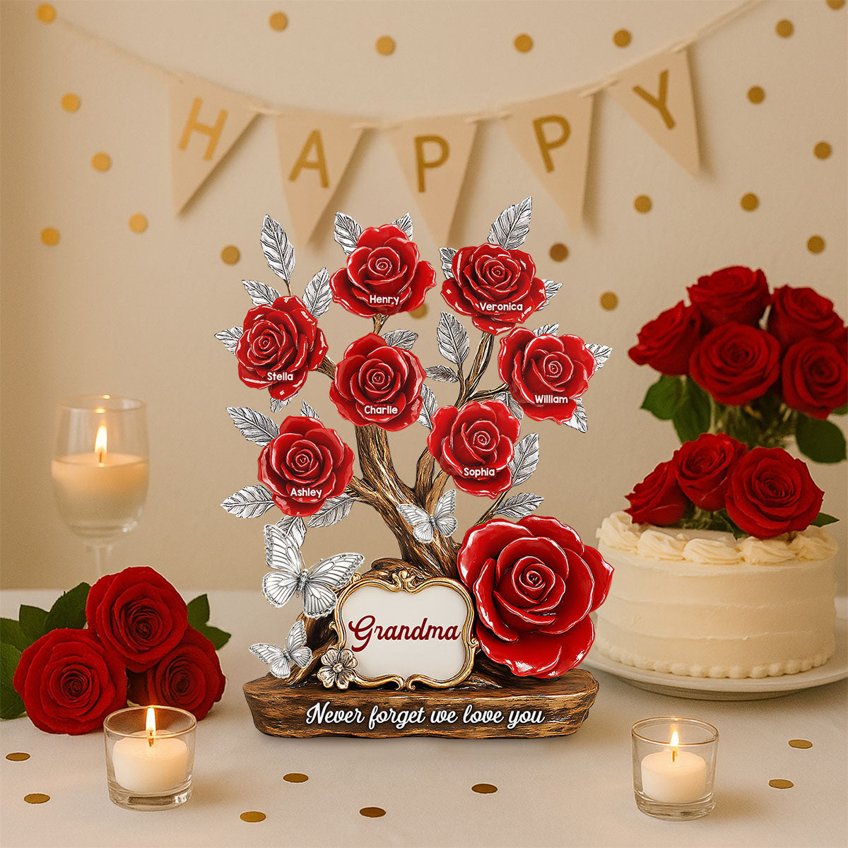 Mom Grandma & Kids Names On Roses Personalized Acrylic Block Plaque