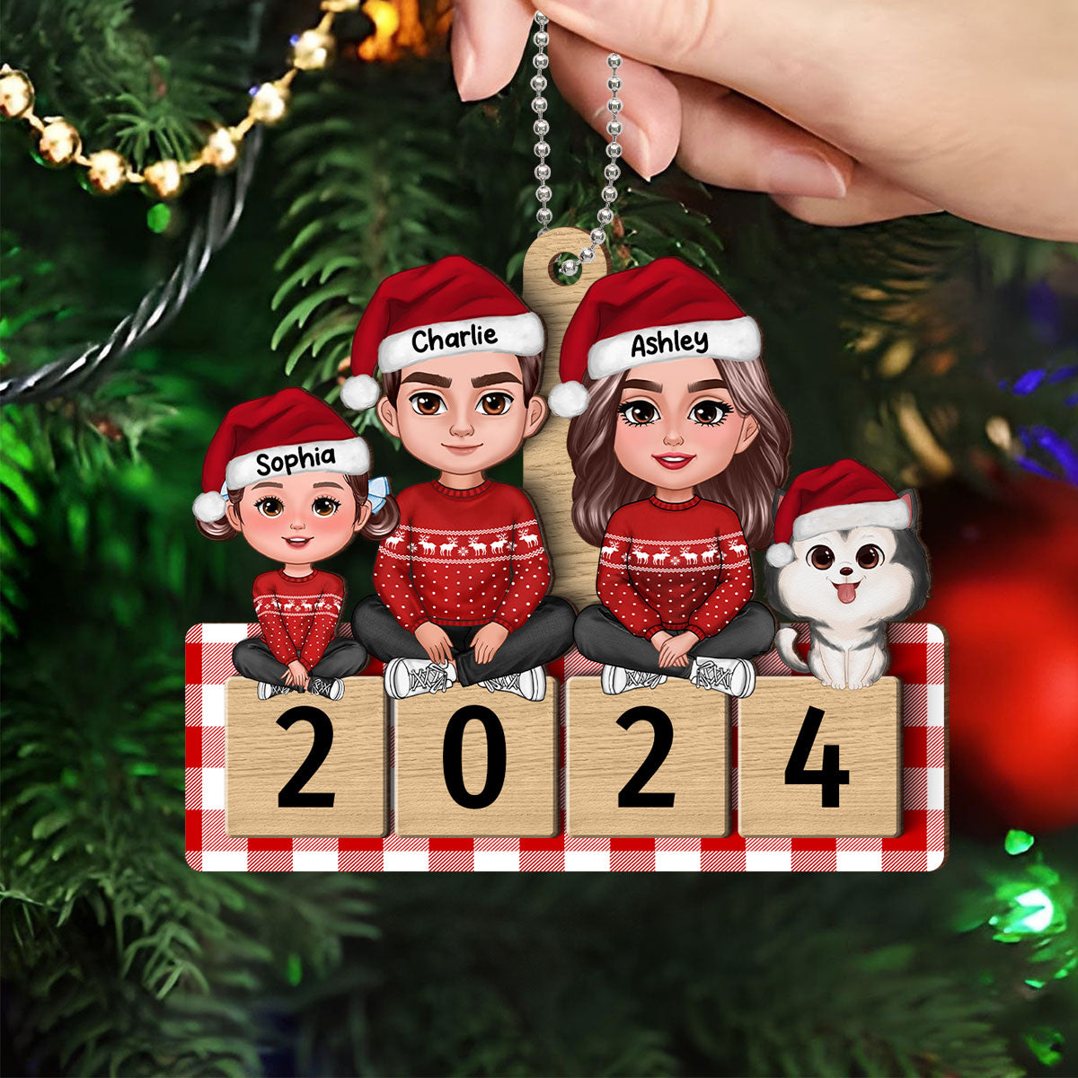 Checkered Pattern Family Sitting On 2024 Puzzle Personalized Wooden Ornament