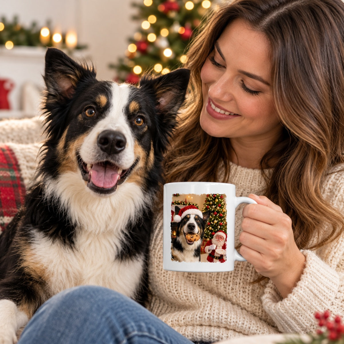 Dog Cat Steal Cookie From Santa Upload Pet Photo - Personalized Mug- Funny Christmas Gift For Dog Lovers, Cat Lovers, Pet Lovers