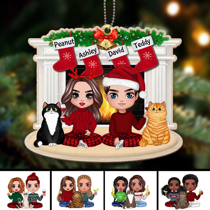 Doll Couple & Fluffy Cat At Fireplace Personalized Wooden Ornament