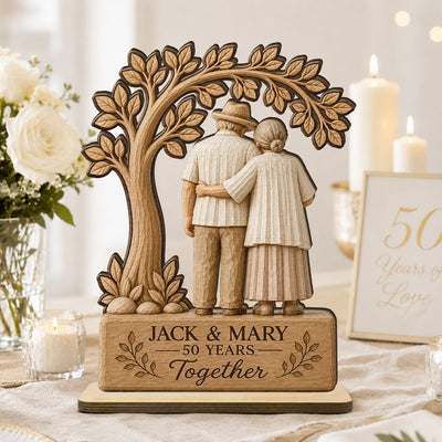 Rustic Old Couple Walking Anniversary Gift - Personalized 2-Layered Wooden Plaque - Wedding Year Decor