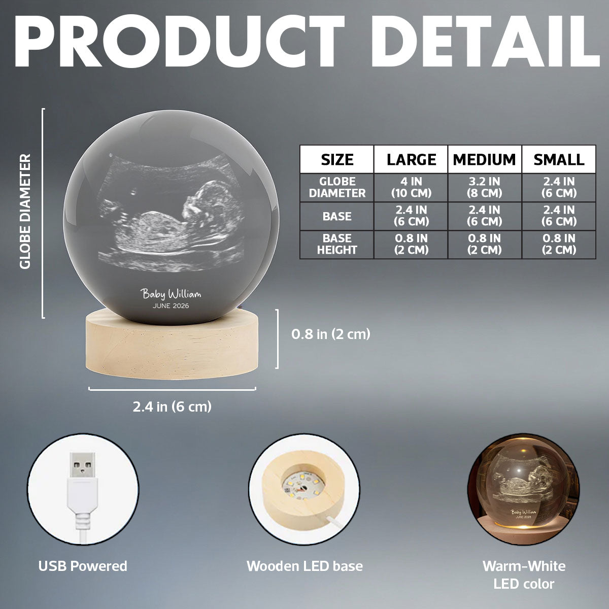 Custom Ultrasound Baby Sonogram - Personalized Crystal Ball LED Night Light - Pregnancy Reveal, Baby Shower Present