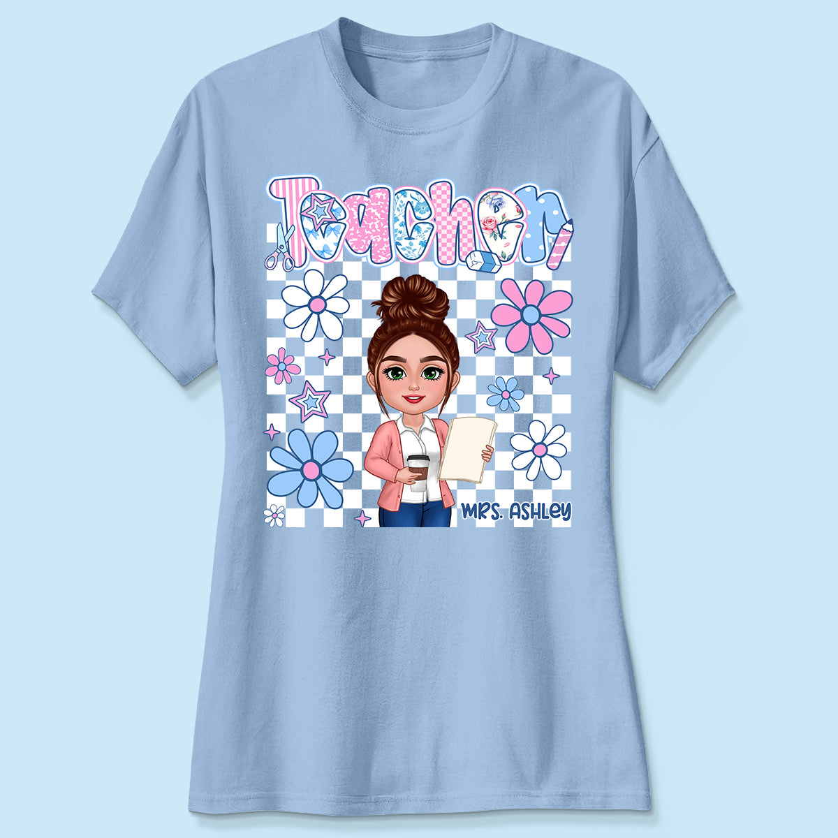 Pastel Blue And Pink Preppy Style Teacher Personalized Shirt| Back To School Gift For Teacher