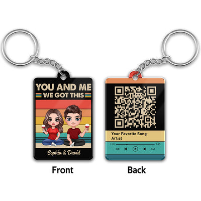 Retro Background Doll Couple Sitting Favorite Song Scannable QR Code Personalized Acrylic Keychain