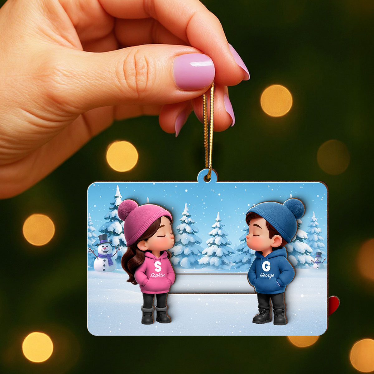3D Effect Cartoon Couple Kissing - Personalized Slider Ornament - Christmas Gift For Him For Her