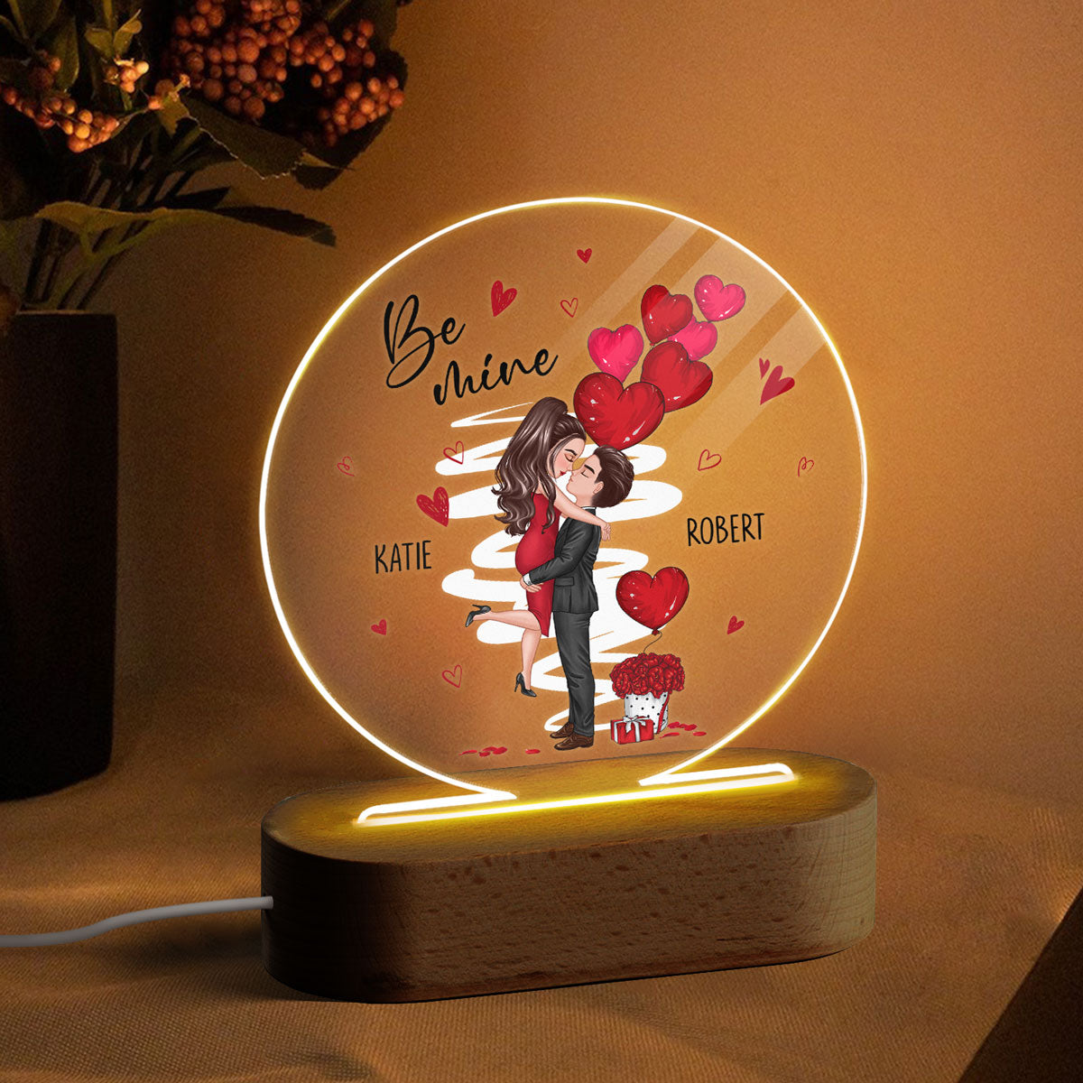 Be Mine Doll Couple Kissing Personalized Circle Plaque LED Night Light - Gift For Him Gift For Her