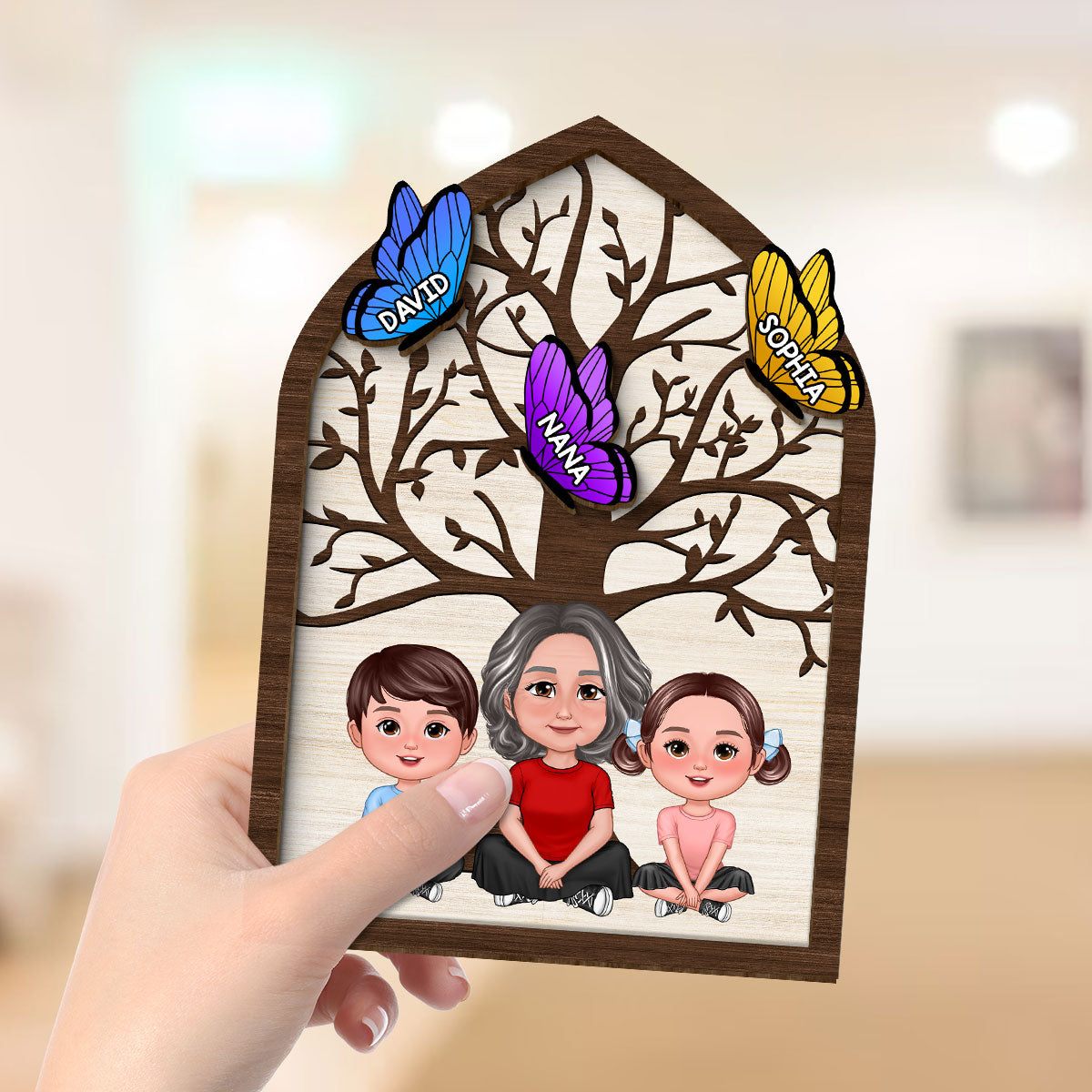 Grandma Mom Kids Crossed Legs Under Tree Butterflies Personalized 2-layer Wooden Plaque