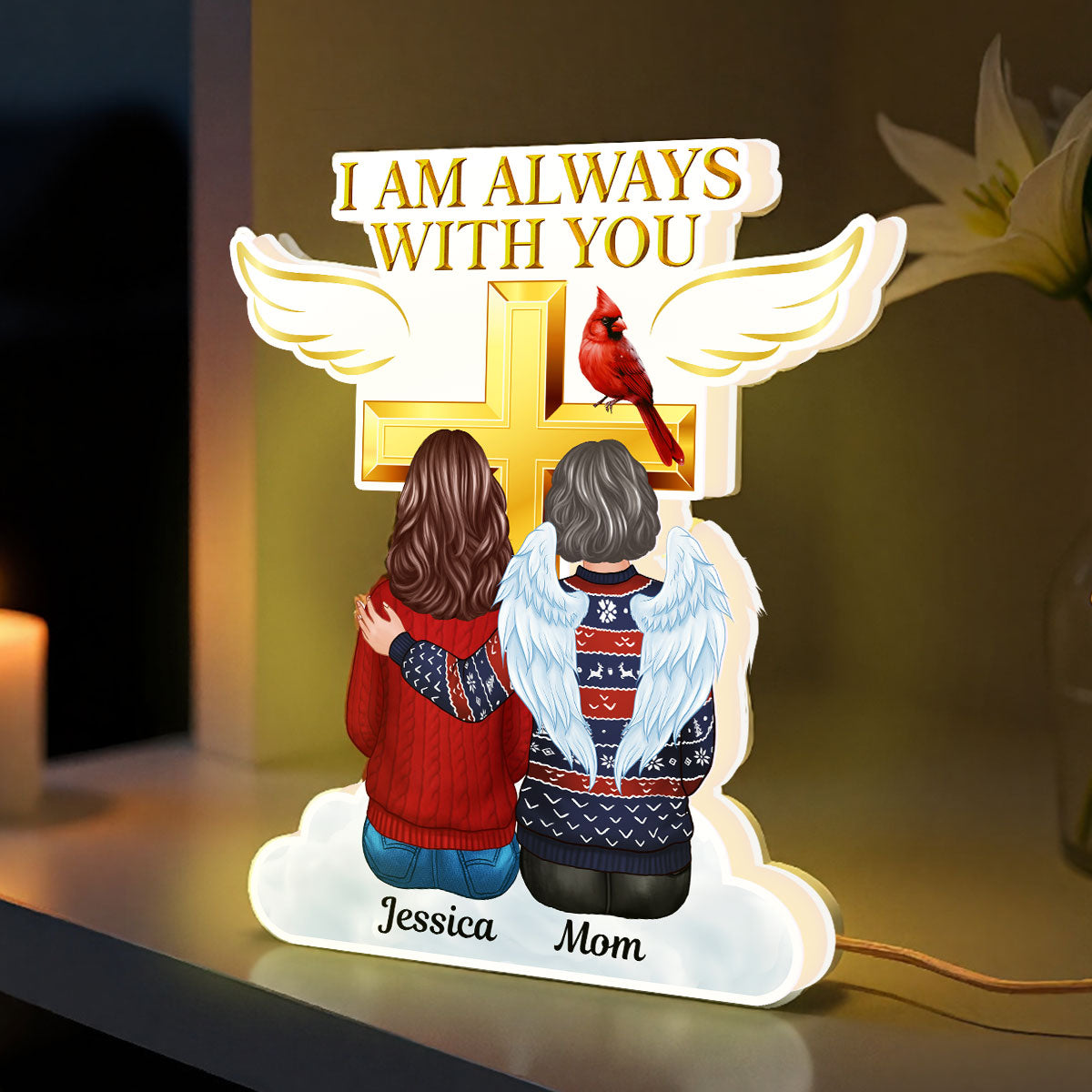 Always With You Family Cross Memorial Remembrance Keepsake Personalized Light Box, Christmas Decor Gift
