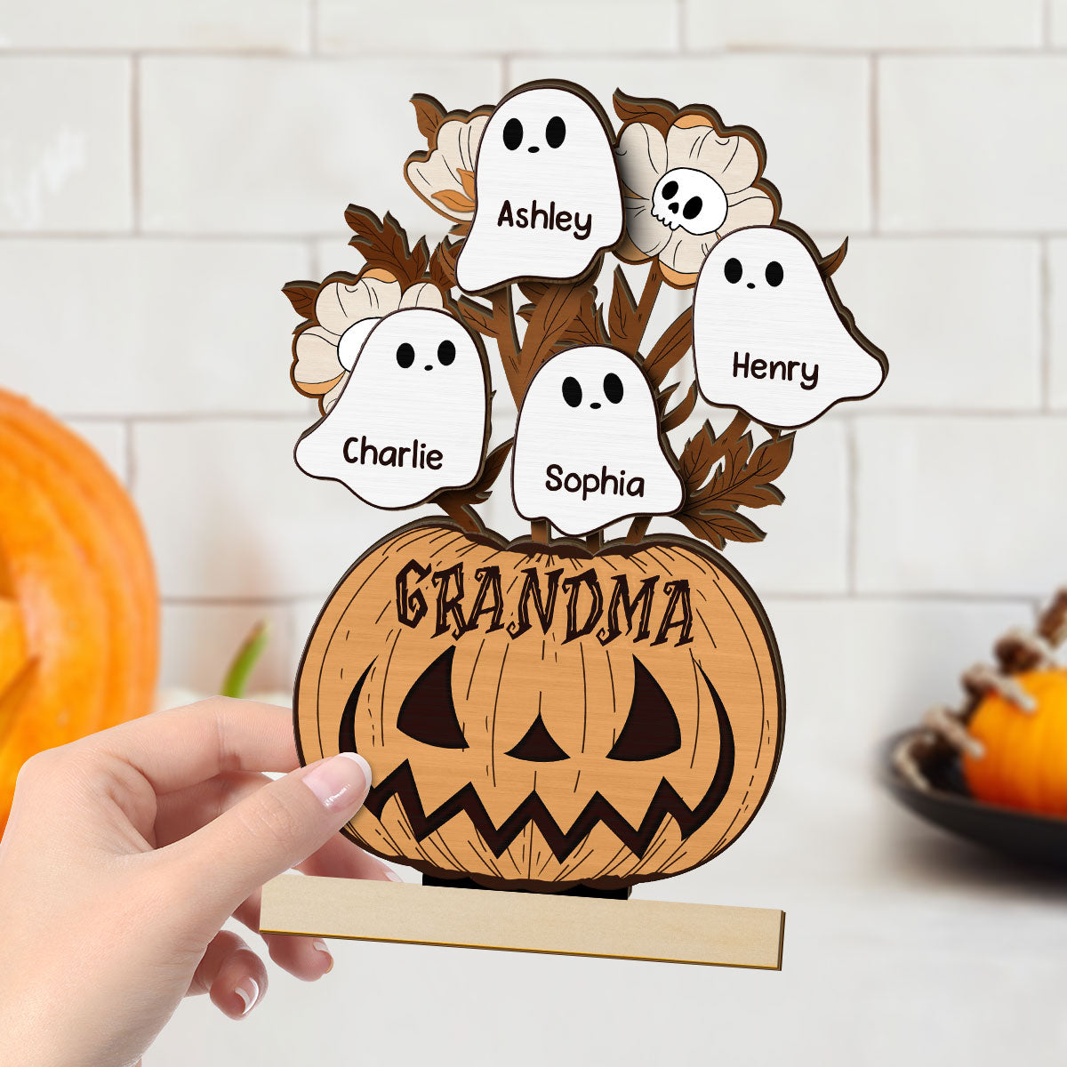 Halloween Grandma Pumpkin Vase Flowers Personalized 2-Layer Standing Wooden Plaque, Halloween Decor