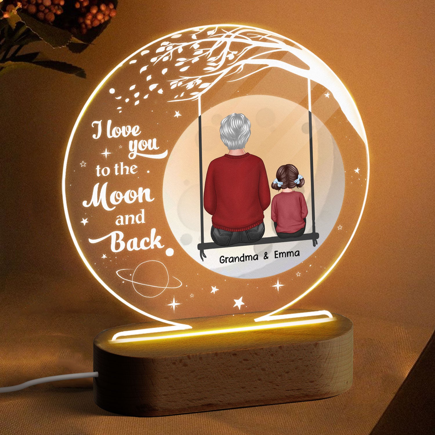Grandma Grandkid On Swing Big Moon Personalized Circle Acrylic Plaque With LED Night Light