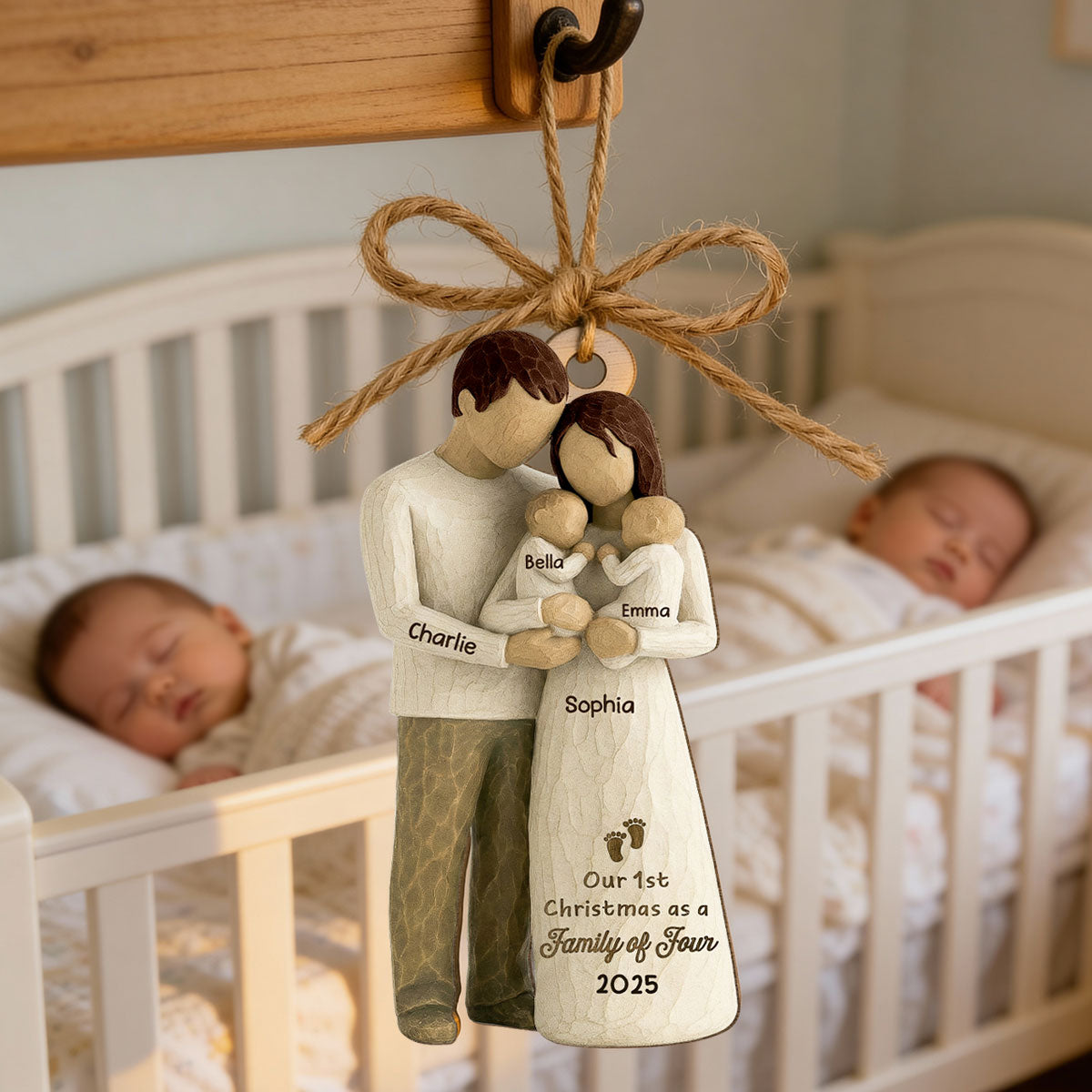 3D Effect First Christmas As Family Of Four Mom Dad & Twin Babies - Personalized Wooden Ornament