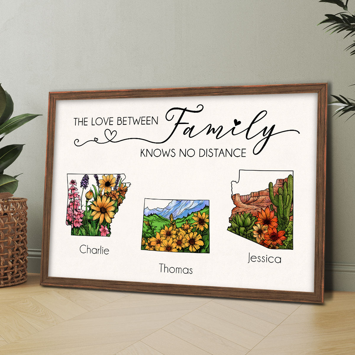 The Love Between Family Friends Knows No Distance Watercolor Wildflower State Map Personalized Poster